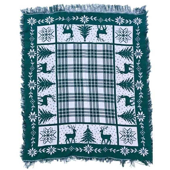 Vintage Winter Tapestry Throw Blanket Green White Christmas Deer Cabin Decor - Picture 1 of 8